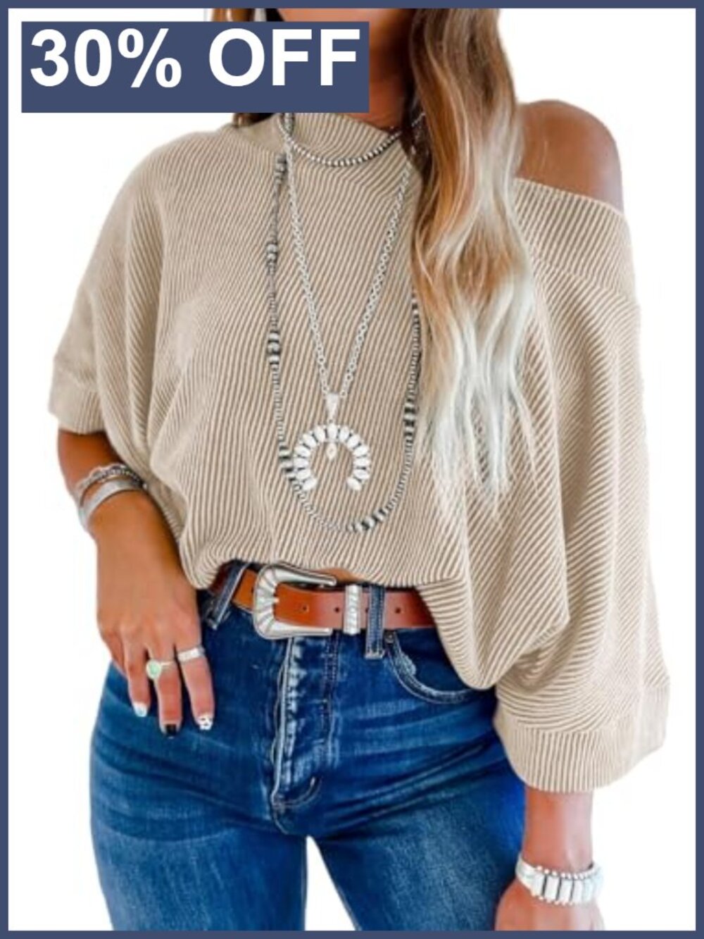 Womens Off Shoulder Top 3/4 Sleeve Batwing Knit Pullover Blouse